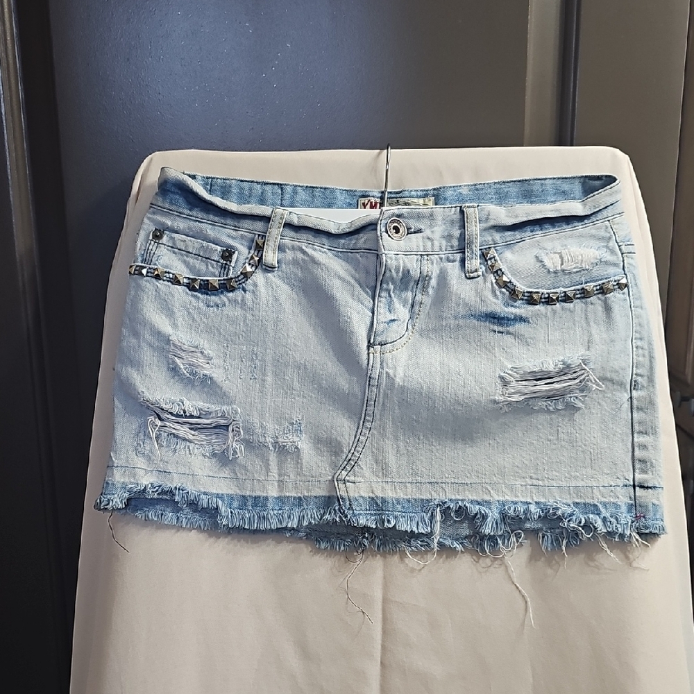 YMI Light Blue Distressed Denim Mini Skirt